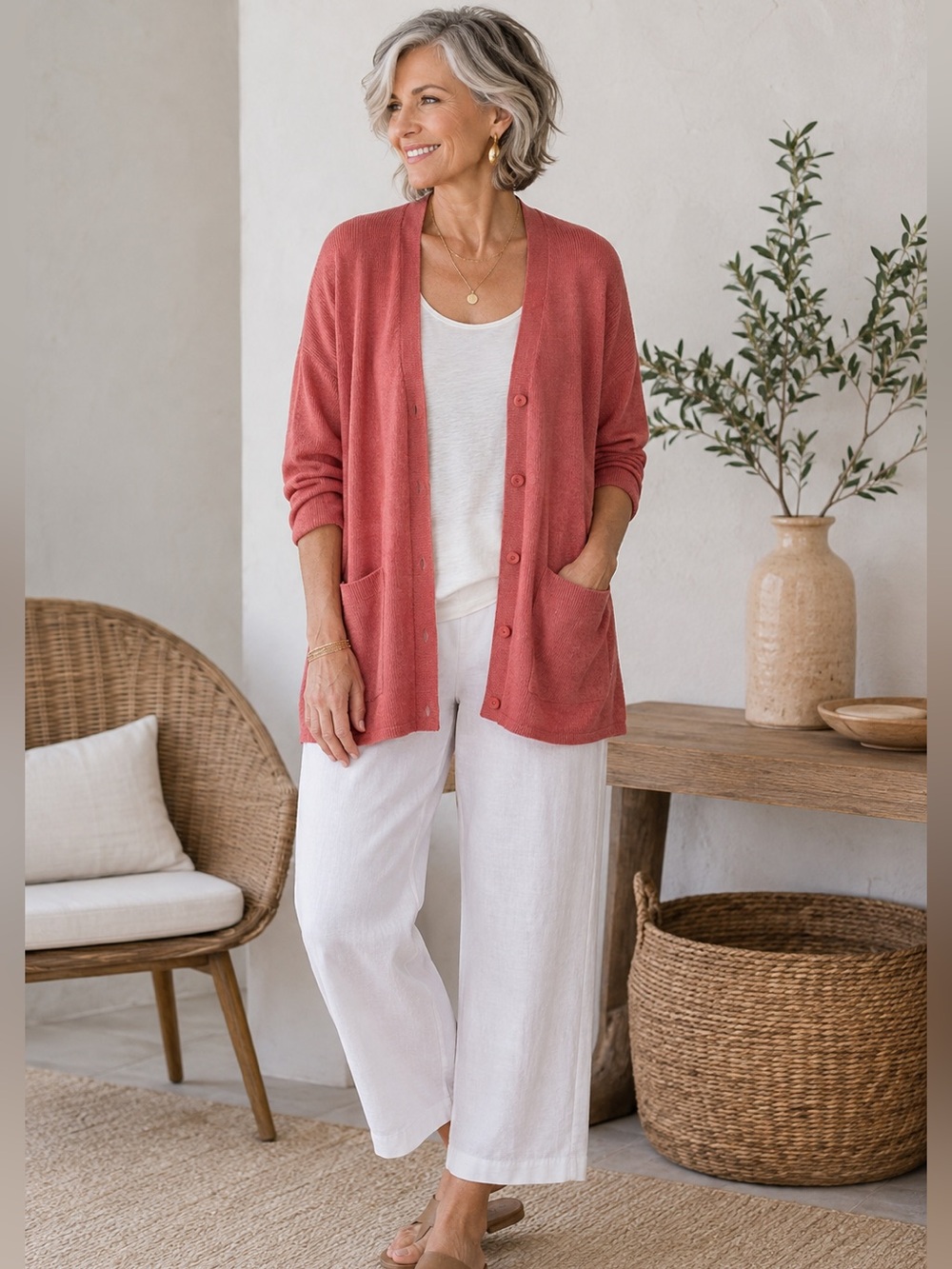 Eileen Fisher Organic Linen Blend Knit Cardigan Long Relaxed Pockets XL